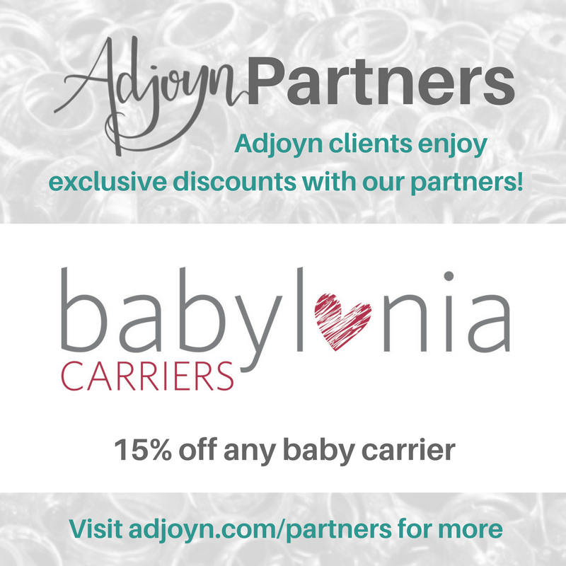 Adjoyn Partners with Babylonia baby carriers [Image is a graphic with text over a washed out image of a pile of rings. At the header is the Adjoyn logo and the word Partners, with text quote, Adjoyn clients enjoy exclusive discounts with our partners, end quote. At the footer of the image is text that reads quote, visit adjoyn dot com slash partners for more, end quote. The body of the image contains the Babylonia carriers logo and the text reads quote, 15 percent off any baby carrier, end quote.]