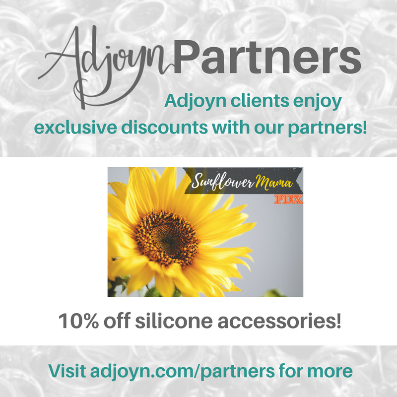 Adjoyn is overjoyed to welcome Sunflowermama PDX as a local partner! Find more information about Adjoyn's partners at adjoyn.com/partners [Image is a graphic with text over a washed out image of a pile of rings. At the header is the Adjoyn logo and the word Partners, with text quote, Adjoyn clients enjoy exclusive discounts with our partners, end quote. At the footer of the image is text that reads quote, visit adjoyn dot com slash partners for more, end quote. The body of the image contains the Sunflower Mama PDX logo and the text reads quote, 10 percent off silicone accessories!, end quote.]