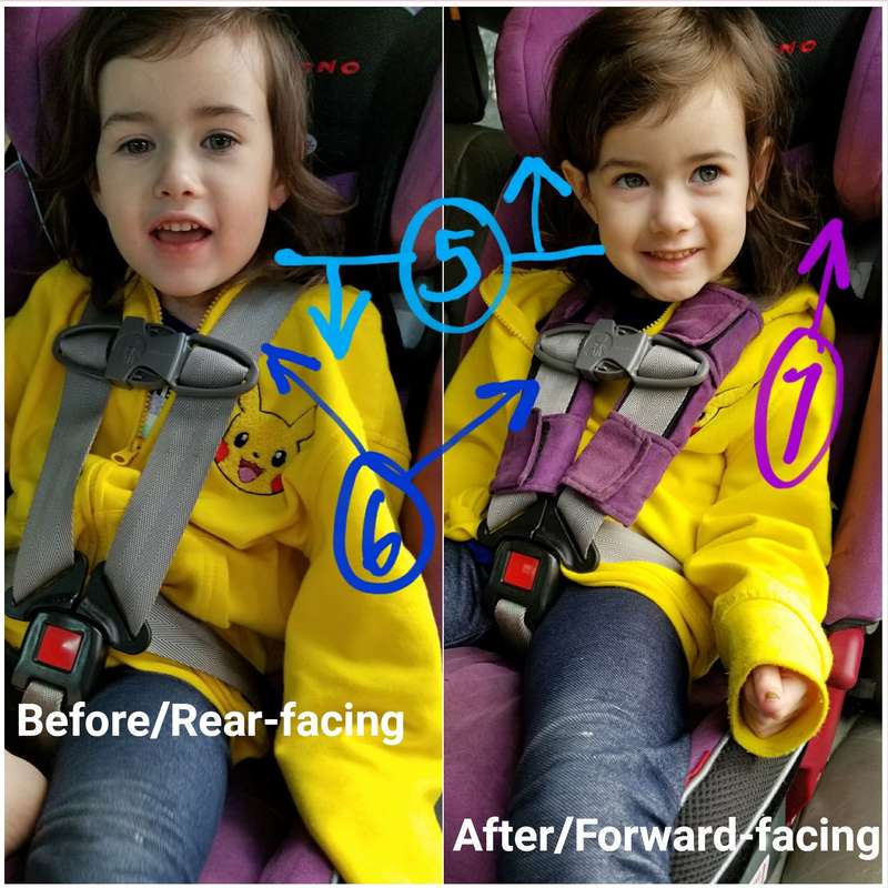 Adjusting the harness when switching to forward-facing with a child under 40 lbs in a Diono [Image is a collage of two photos. Both photos feature a young white girl with light brown hair, sitting harnessed in a purple car seat. Text on the left photo reads quote Before/Rear-facing, end quote. Text on the right side photo reads quote After/Forward-facing, end quote. There are numbers drawn on the image in different colors and with arrows to point out key features. Number 5 is blue and marks a straight line at the girl's shoulders, with an arrow pointing down from the line on the left/rear-facing image and an arrow pointing up from the line on the right/forward-facing photo. Number 6 is indigo and points to the harness in both images; on the left rear-facing there is not harness pad while on the right/forward-facing a purple harness pad surrounds the harness at the chest clip. Number 7 is violet and points to the head rest on the right/forward-facing photo, which is higher than in the left/rear-facing photo.]