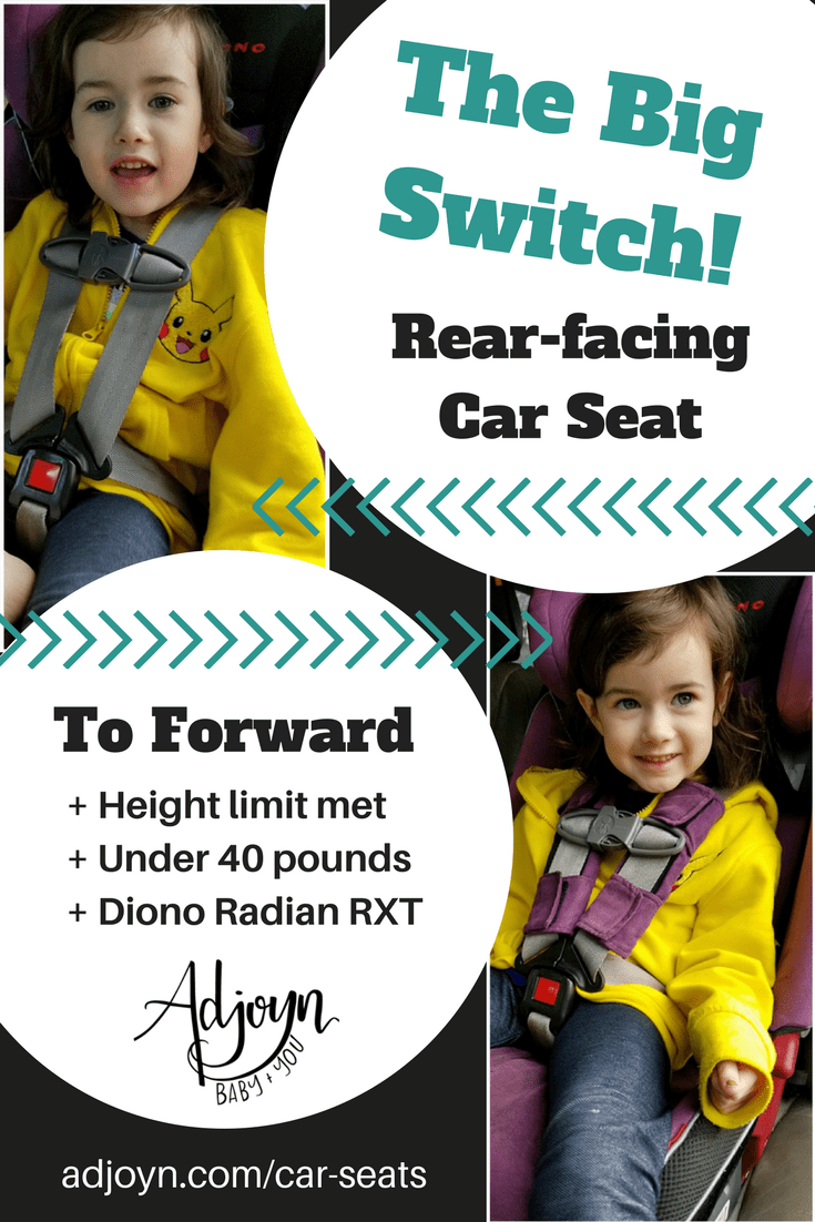 Ready to move from rear facing to forward facing car seat? Here's how we did it with a child under 40 pounds. From a Certified Child Passenger Safety Technician (CPST) [Image is a graphic with photos and text. Two photos feature a young white girl with light brown hair wearing a yellow hoodie. The first photo in the upper left corner shows the girl in a rear-facing seat without a harness pad. Text next to the photo reads quote, The Big Switch! Rear-facing car seat, end quote, and there are arrows pointing to the first photo. The second photo is in the lower right corner and shows the girl in a forward-facing seat with a purple harness pad around the chest clip. Text next to the photo is bullet points with the header, To Foward. The bullet points read quote, one, height limit met; two, under 40 pounds; three, diono radian rxt, end quote. The Adjoyn logo is below with text underneath that reads quote, baby plus you, end quote. A web url is at the footer of the image, adjoyn.com/car-seats.]